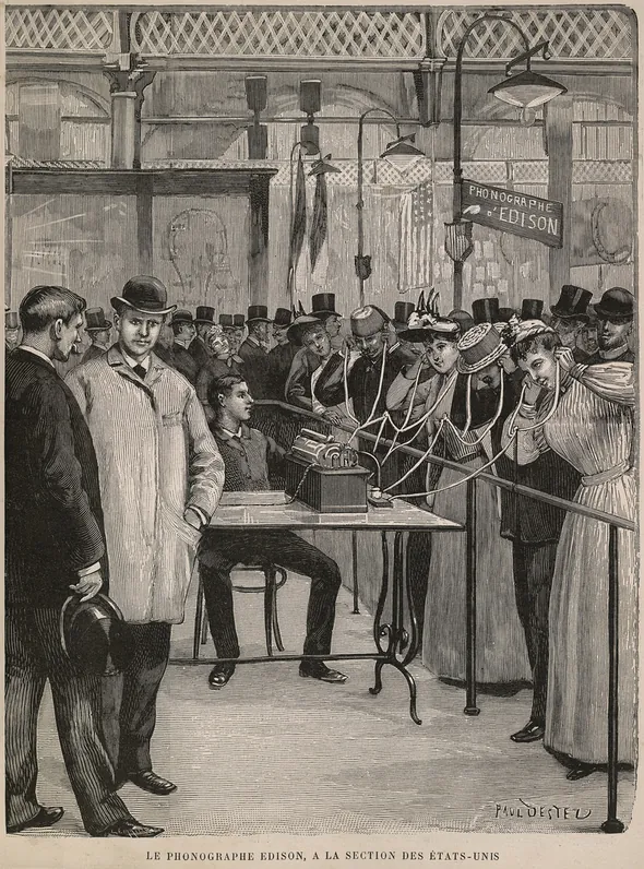 Der Phonograph von Edison auf der Weltausstellung in Paris 1889: Die Leute hören mit Schläuchen zu