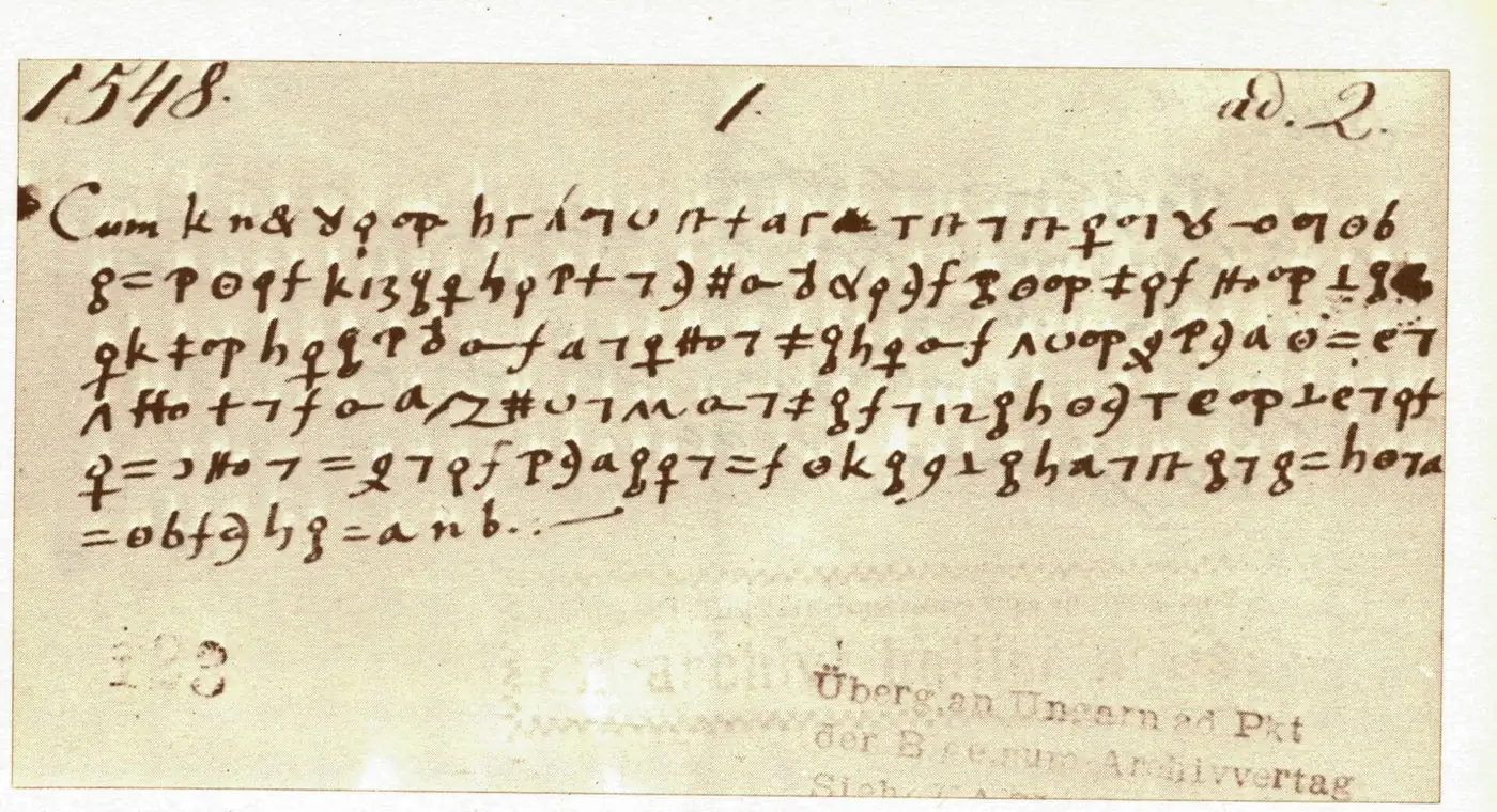 So sieht eine Geheimschrift mit Zeichen aus. Das ist nicht der Brief an Marmont, sondern ein anderer Brief aus dem Jahr 1548.