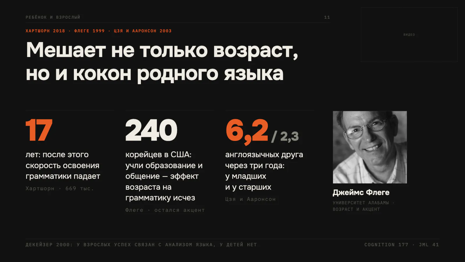 Слайд 10: мешает не только возраст, но и кокон родного языка — Хартшорн 2018, Флеге 1999, 240 корейцев в США